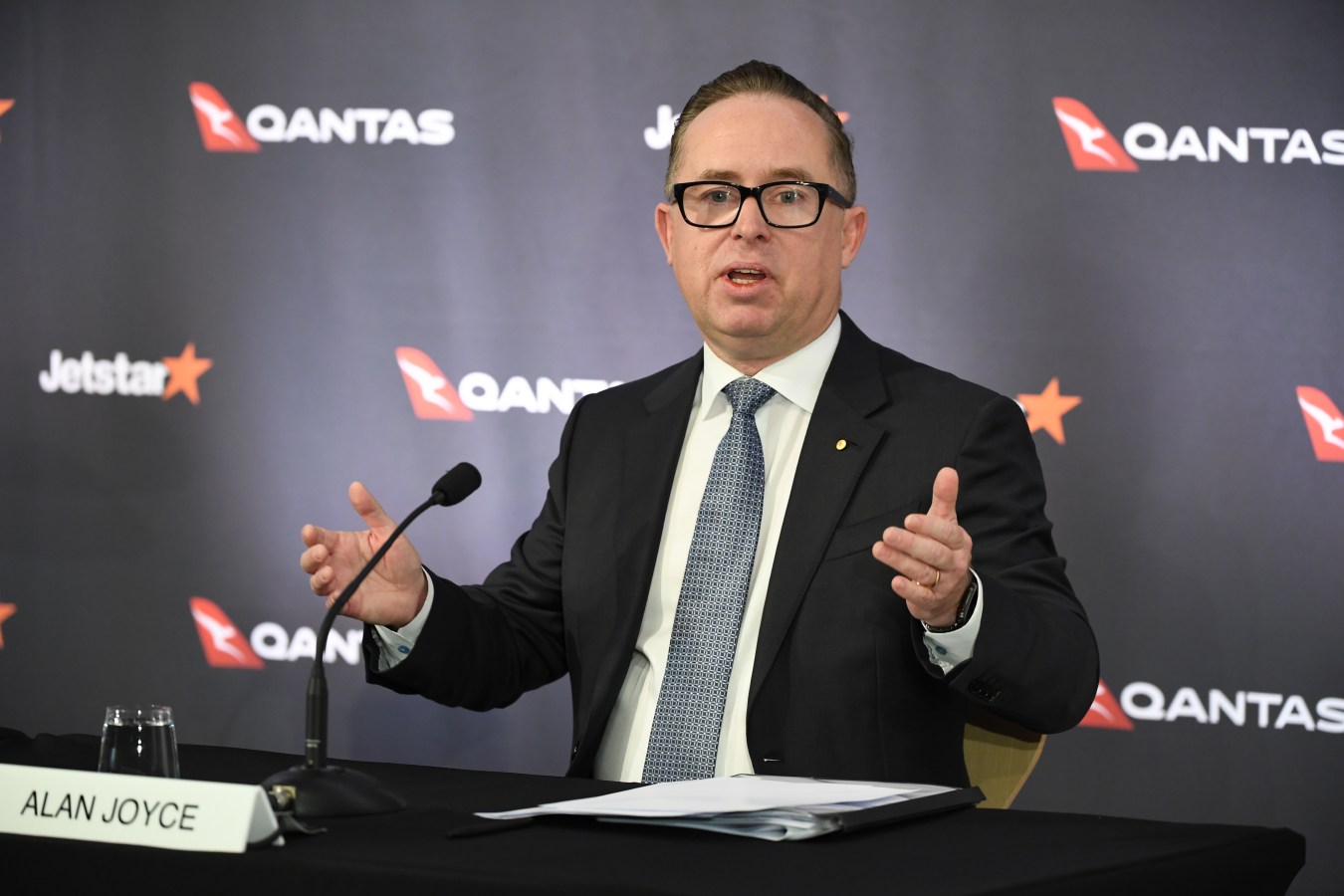 Qantas Group CEO Alan Joyce speaking at a press conference for the full year results announcement on August 25, 2022 in Sydney, Australia.