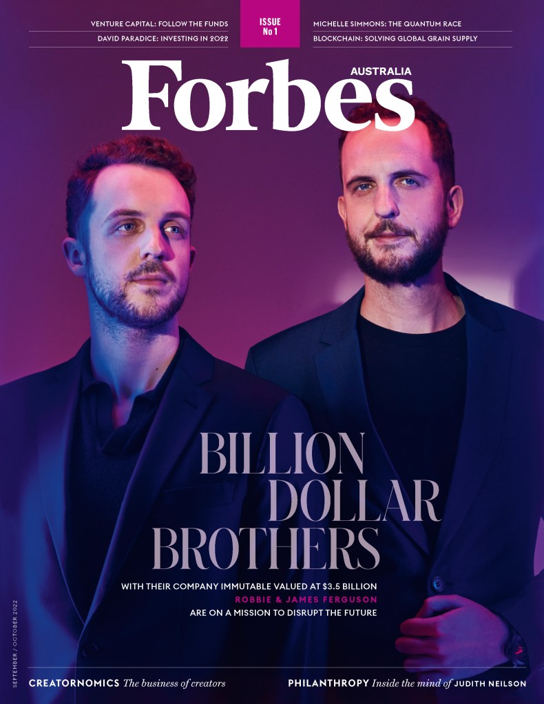 Cover of Edition One Forbes Australia featuring Robbie (left) and James (right) Ferguson, cofounders of Immutable